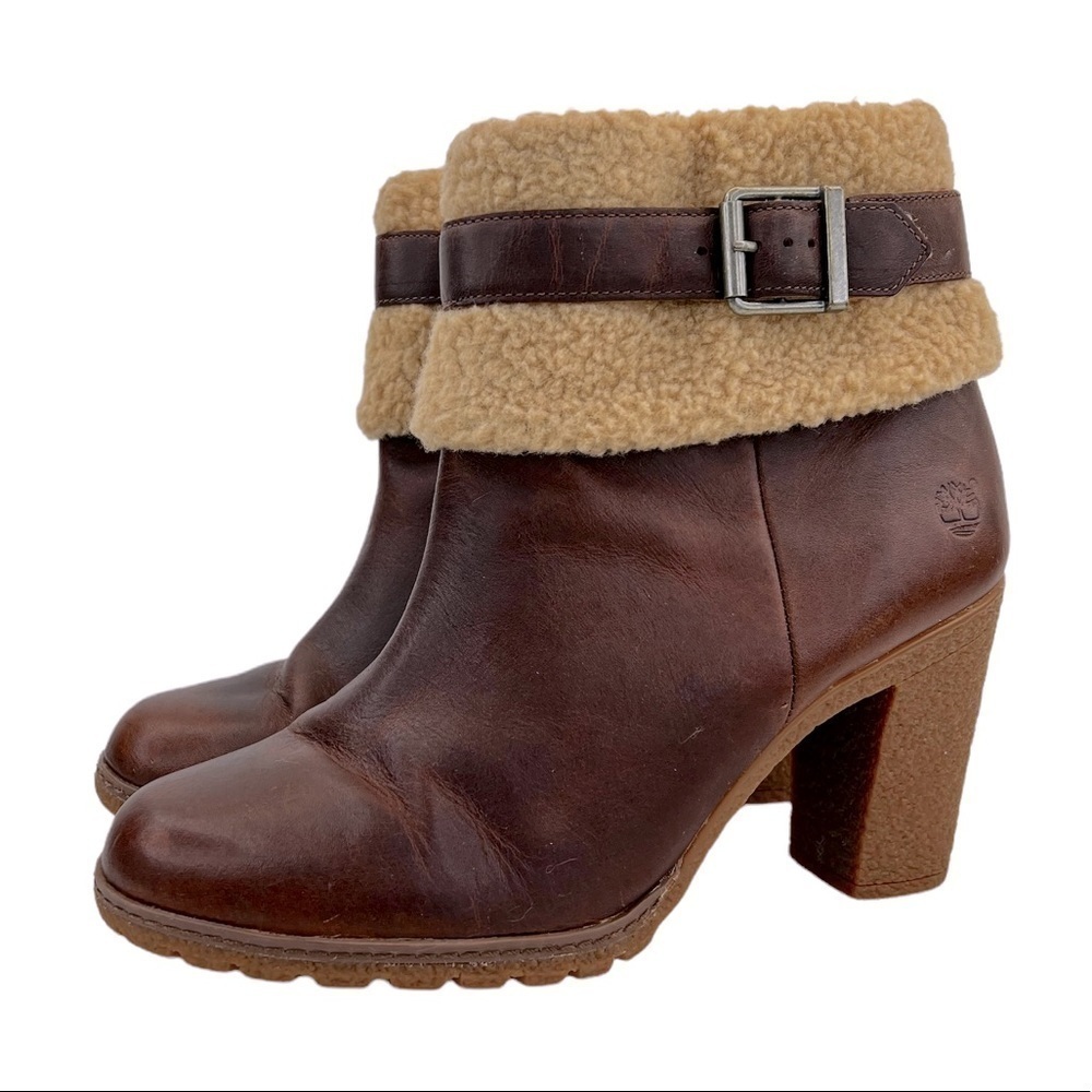Timberland Women’s Oiled Leather Glancy Fleece Folded Down Heeled Booties Boots - Picture 11 of 14